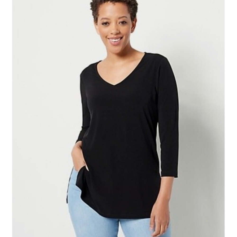 Susan Graver Modern Essentials Liquid Knit Top Womens 1X Gray V-Neck 3/4 Sleeve